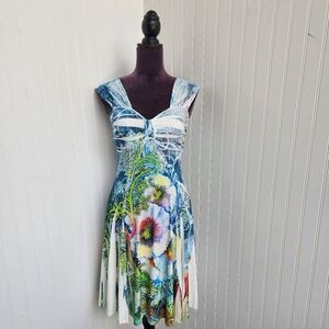 Pretty Woman White Floral Sleeveless Tie Dye Dress Stretch Sweetheart Sz S